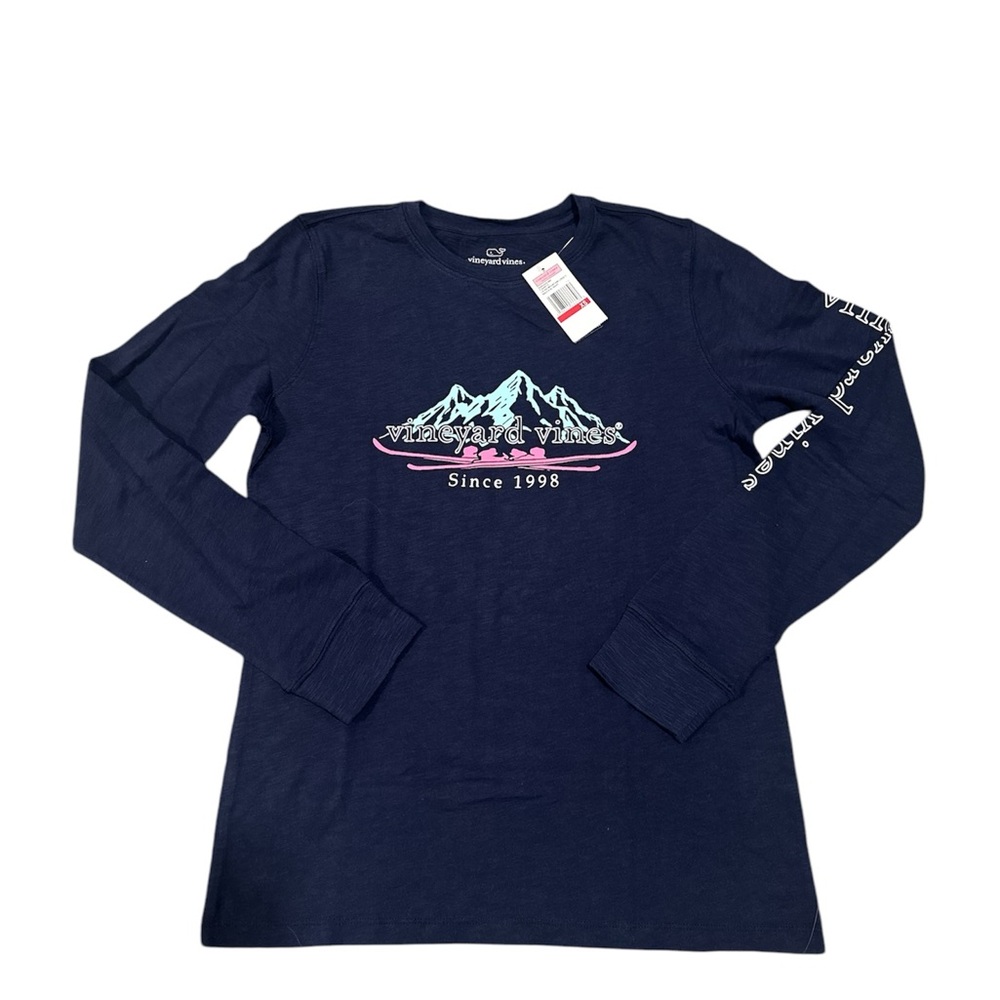 NWT Vineyard Vines Women’s Navy Long Sleeve Shirt Snow Mountain Vintage Print